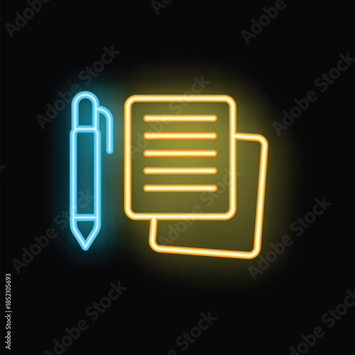 Neon icon of a pen writing on a piece of paper representing concepts such as copywriting, journalism and writing