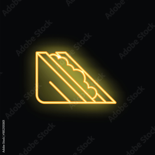 Bright yellow neon sign of a sandwich is glowing on a black background