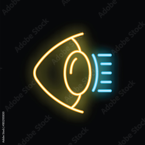 Neon eye sending visual signal on black background representing concepts such as vision, sight and perception