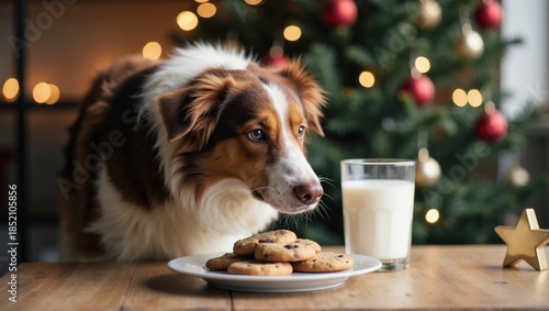 Border Collie Dog Looking at Cookies and Milk by Christmas Tree in Cozy Holiday Setting