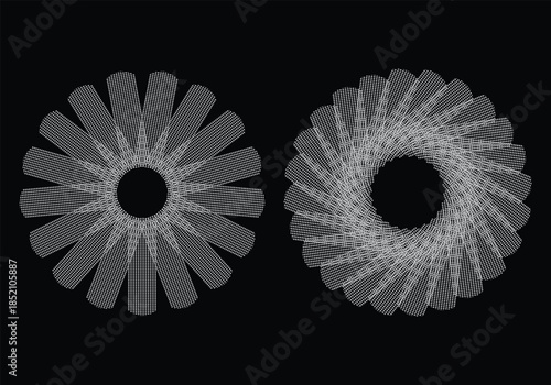 Abstract Circular Shapes. Geometric Flower. A vector design of grey petals, round symmetry and aperture blades for a logo symbol, modern icon, and decorative element.