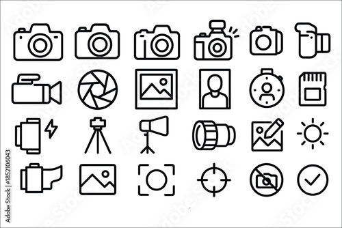 Photography icons set camera video lens tripod sun sd card film vector