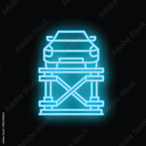 Blue glowing neon icon of car lift isolated on a black background