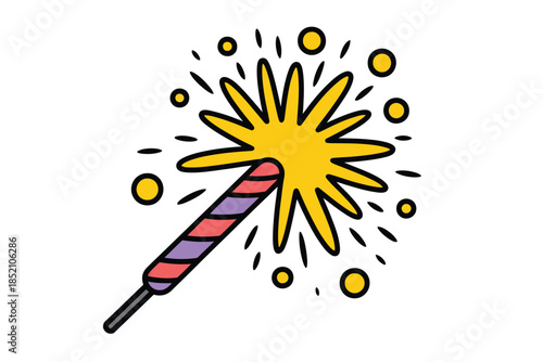 A sparkler ignites with a bright yellow starburst of light and small dots.