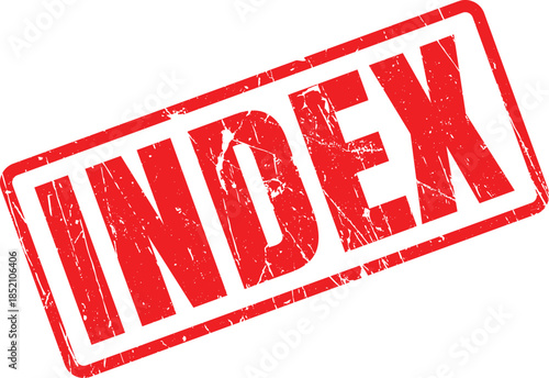 A vivid red grunge style rubber stamp with the word INDEX on a pristine white background