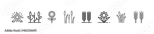Collection of agricultural and nature line art icons, including plants and sun