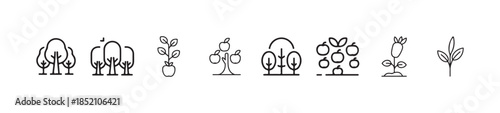 Collection of eight outlined trees, plants, and fruit icons, showing various stages of growth