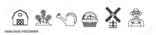 Farm and countryside icons with barn windmill and farmer