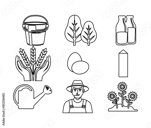 Farm and agriculture vector icons with produce dairy and farmer