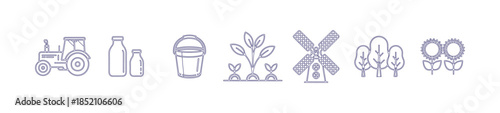 Essential farm elements line icons with tractor, barn, farmer, chicken, and fresh produce