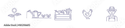 Gardening and farming icons featuring plants, watering can, farmer, and chicken