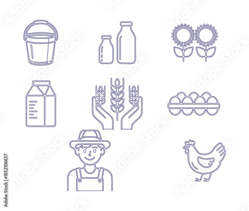 Farming and agriculture outline icon set with milk, bucket, sunflowers, eggs, farmer, and chicken