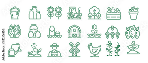 Agriculture and farming icon set with tractor, barn, produce, plants, and farm animals in green