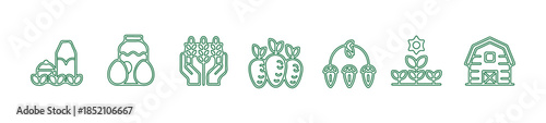 Farm and harvest icons including milk, eggs, wheat, carrots, plants, and barn in green outline