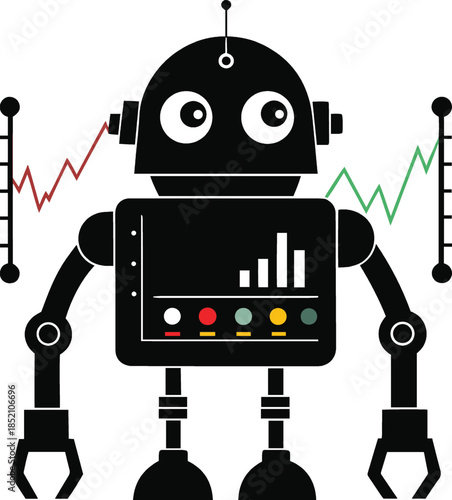 A black robot with colorful graphs on isolated white background