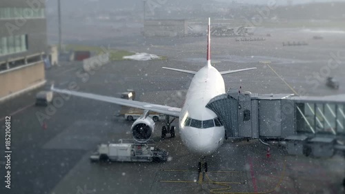 Modern airplane Jet at parking at airport terminal preparing for flight