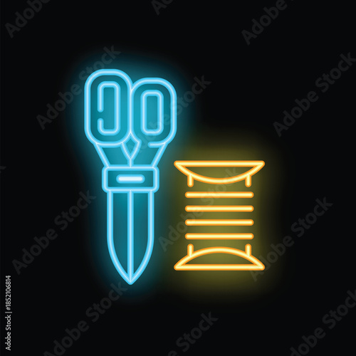 Glowing neon line tailor scissors and thread spool icon isolated on black background. Sewing tool sign. Colorful outline concept. Vector illustration