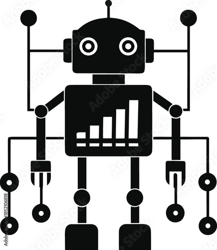Black robot with bar graph on chest isolated on white background