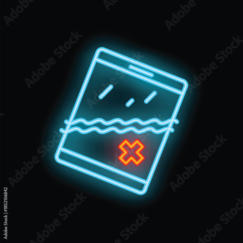 Neon icon depicting a smartphone with a cracked screen displaying water damage and a red cross symbol, highlighting the risks of electronic device malfunction due to liquid exposure