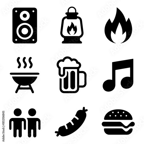 Set of black icons depicting various BBQ party elements isolated on a transparent background