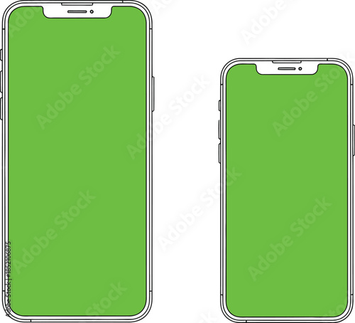 Modern smartphone mockup green screen template set two devices responsive design chroma key display isolated vector isolated on transparent background, Vector