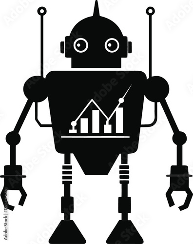 Black robot with graph on chest isolated on white background standing tall