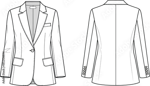 Minimalist cad flat sketch blazer jacket technical drawing vector art apparel design template front back view fashion illustration line art garment production pattern cad project resource, Vector