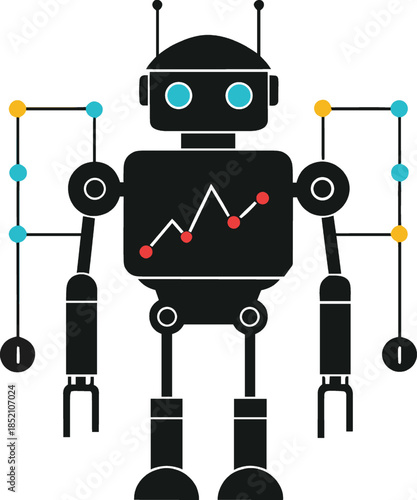 Black robot with blue eyes and colorful circuit lines isolated on white background