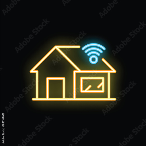 Glowing neon icon representing a smart home system, highlighting the concept of home automation