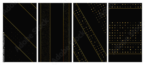 Set of dark backgrounds with golden lines and glittering dots
