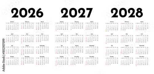 Set of calendars for 2026, 2027 and 2028 on a white background