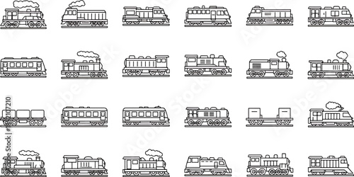 Collection of various outline train icons and locomotives for graphic design, set of different vintage and modern railway vehicles