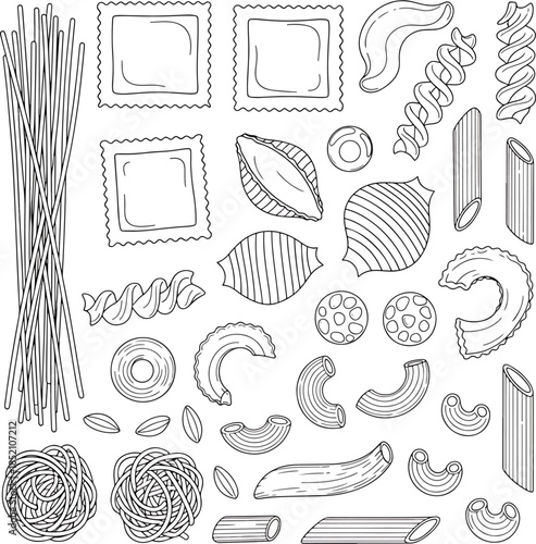 Collection of various Italian pasta shapes and forms including spaghetti, ravioli, penne, fusilli, and farfalle, isolated on white