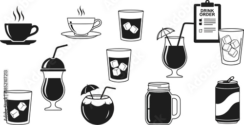 Collection of various drink icons including coffee cup, cocktail, soda can, and mason jar, isolated on white