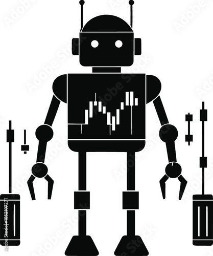 Black robot with graph on chest isolated on white background