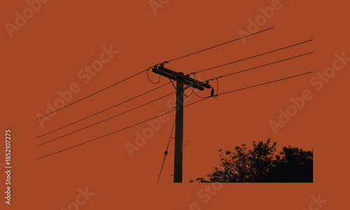 Utility pole infrastructure, power lines silhouette, electrical grid network, industrial energy supply, urban electricity system, minimal composition, stylized background, infrastructure photography