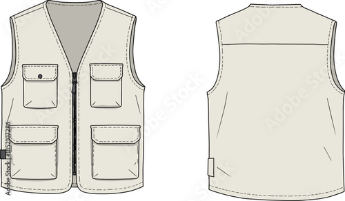Utility vest technical sketch, front and back view, fashion flat drawing, garment design, apparel template, outdoor wear, vector illustration