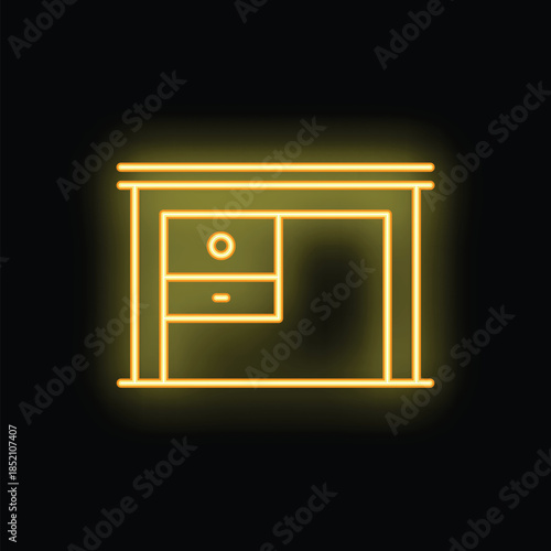 Neon office desk icon glowing on a dark background, representing work from home, office furniture, or online business