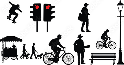 Urban lifestyle silhouette set with skateboarder, cyclists, pedestrians, dog walkers, street food cart, traffic lights, and park bench, vector illustration.