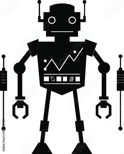 Black robot with graph on chest isolated on white background