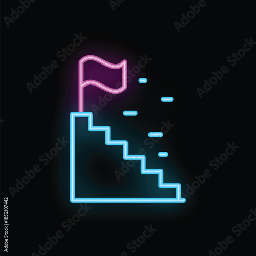 Neon sign illuminating a staircase leading to a flag, representing achievement and success