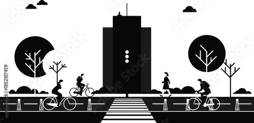 Urban Cycling and Walking Infrastructure Silhouette, Sustainable City Living, Monochromatic Vector Illustration, Pedestrian Crossing, Bike Lane, Modern Architecture