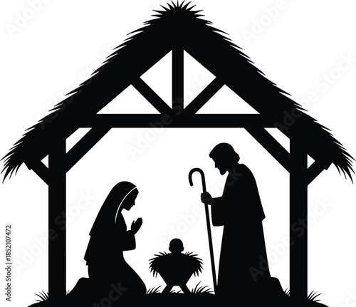 Black silhouette of the Christmas Nativity scene featuring Mary, Joseph, and Baby Jesus in a stable, vector illustration for religious holiday design.