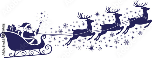 Silhouette of Santa Claus flying in a sleigh pulled by reindeer with magic stars and snowflakes, vector illustration for Christmas holiday.