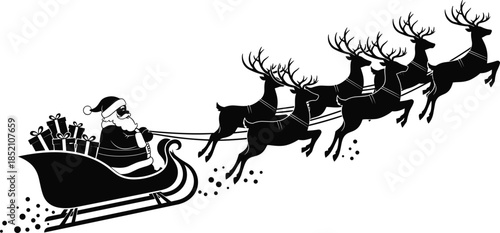 Black silhouette of Santa Claus flying in a sleigh pulled by reindeer with gift boxes, vector illustration for Christmas holiday background.