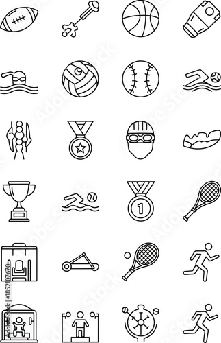 Collection of Outline Sports Icons and Symbols Representing Various Athletic Activities and Equipment.