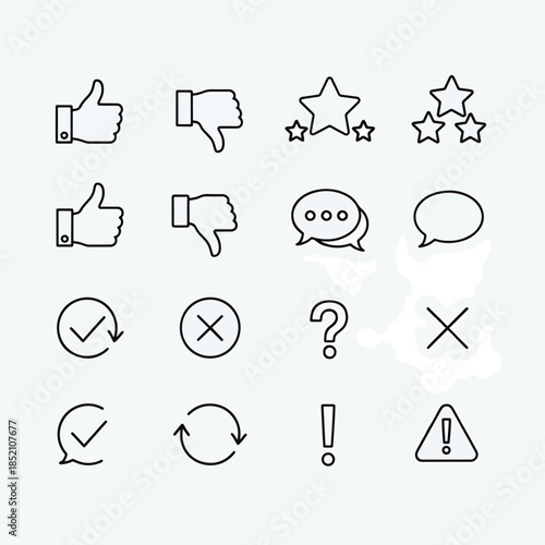 Collection of outline icons set representing thumbs up down stars chat question mark checkmark cross exclamation and warning symbols