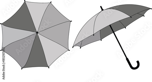 Umbrella top view, side profile, alternating panels, black ribs, curved handle, open canopy, vector illustration, rain gear, design element