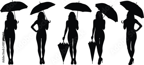 Umbrella silhouette, people holding umbrellas, rainy day vector, black icons, minimal design, walking pose, weather art, storm, shadow, motion