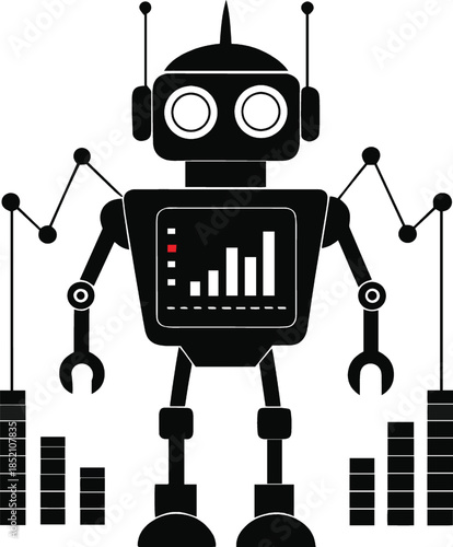 Black robot with graph on chest isolated on white background standing tall